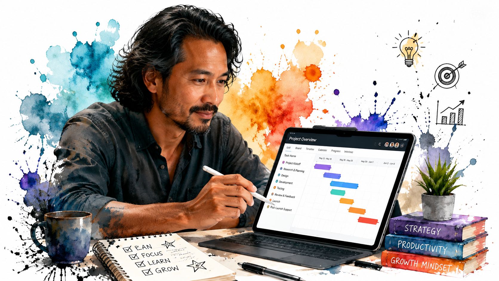 A professional man planning a project on a digital tablet while studying with books and notes.