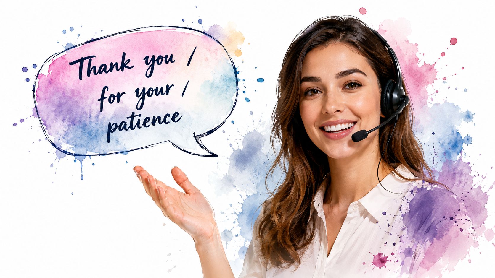 A friendly customer service representative wearing a headset smiling and gesturing towards a thank you speech bubble.