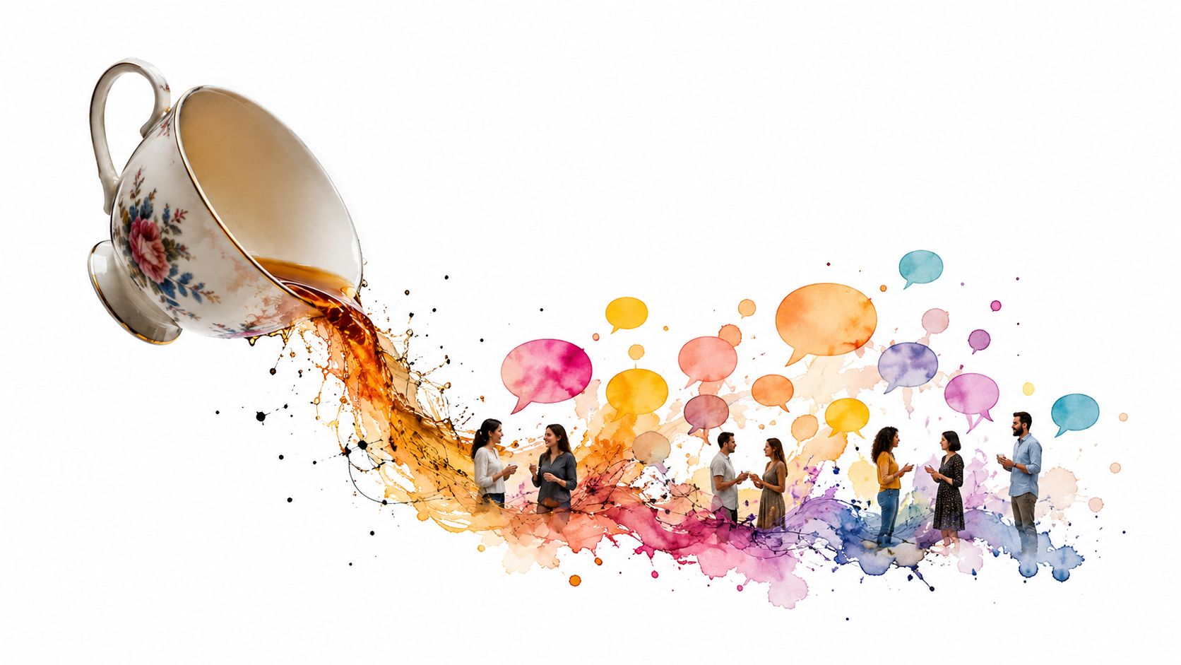 People conversing near a giant teacup with spilled tea and colorful speech bubbles floating in air