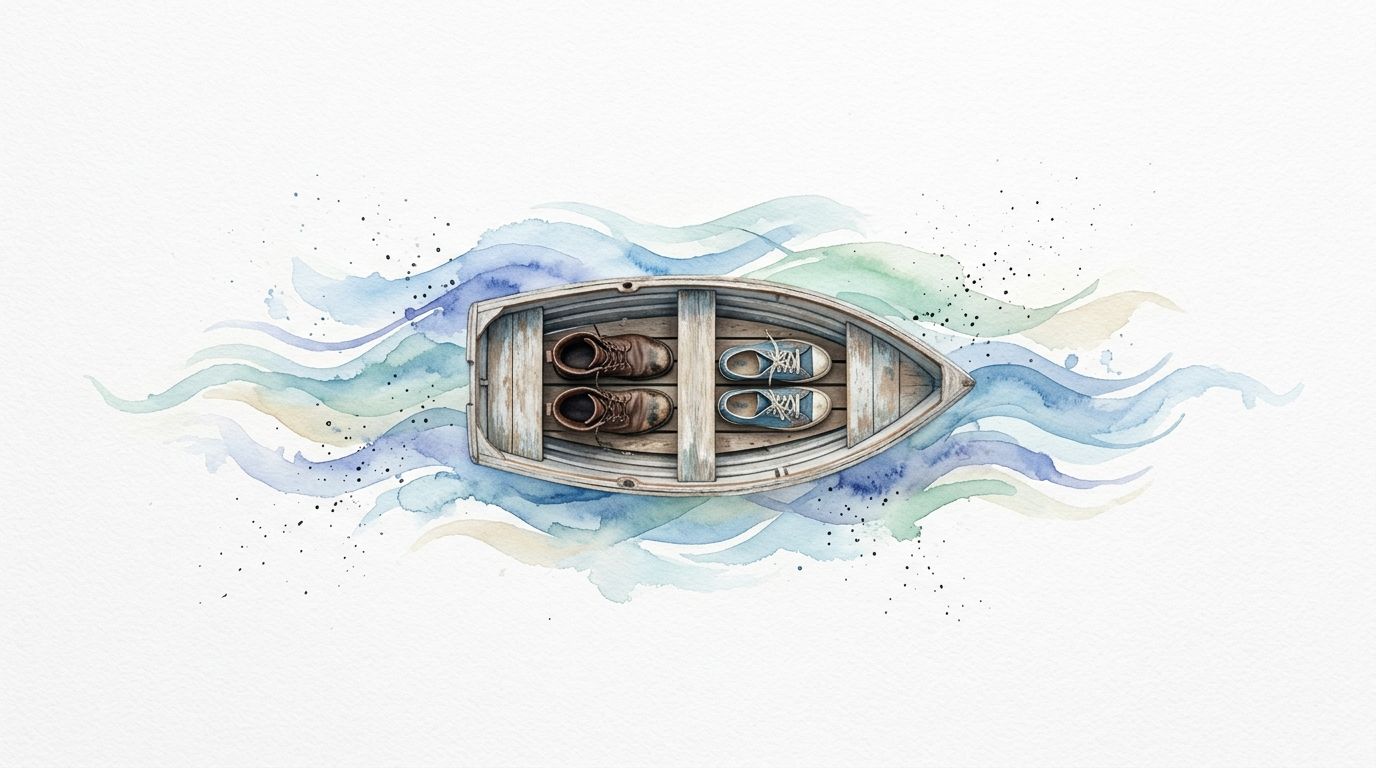 A watercolor painting of a small wooden boat carrying two pairs of shoes on wavy water.
