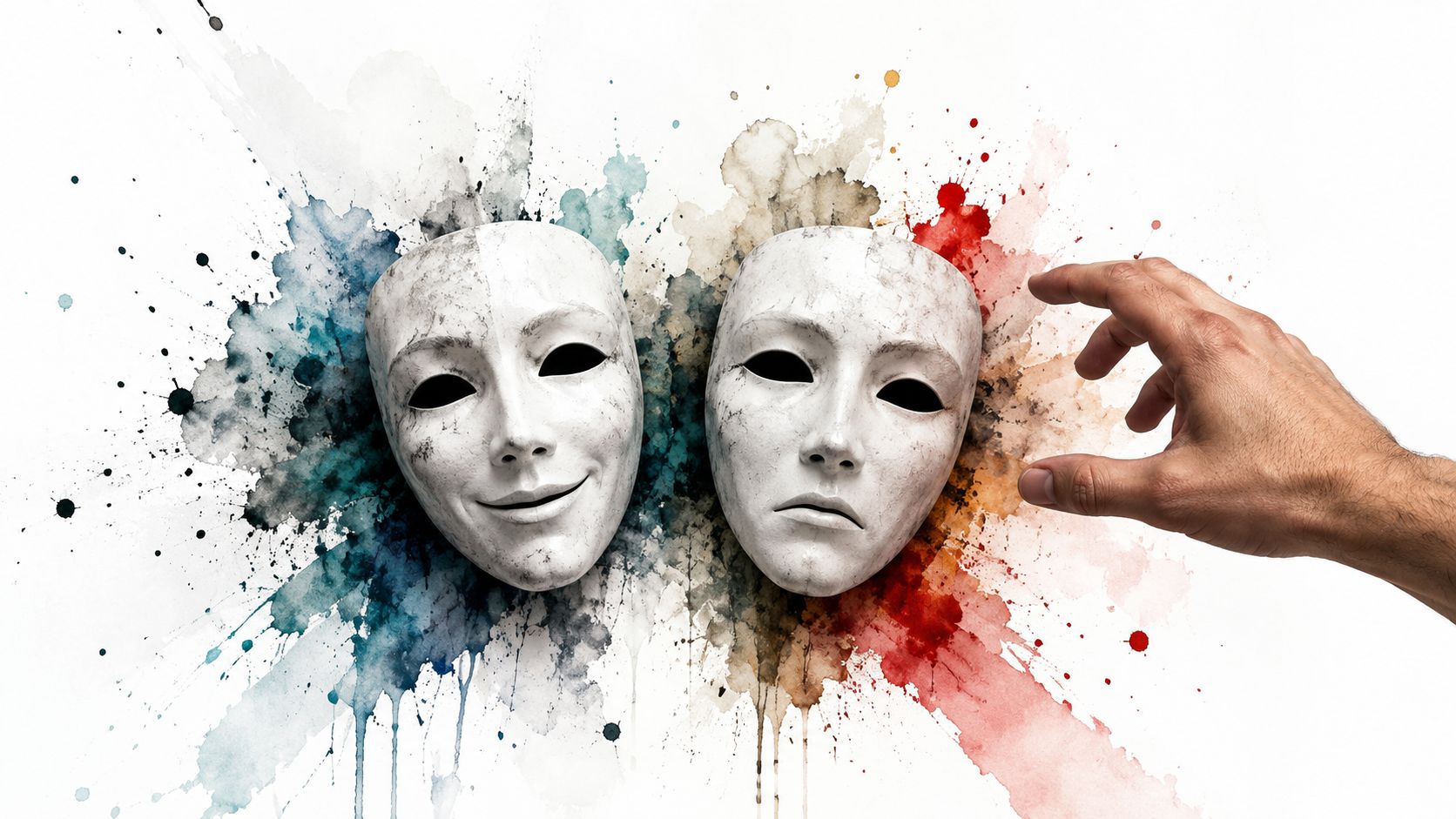 A hand reaching towards two theatrical masks with contrasting happy and sad expressions amidst abstract colorful paint splashes.