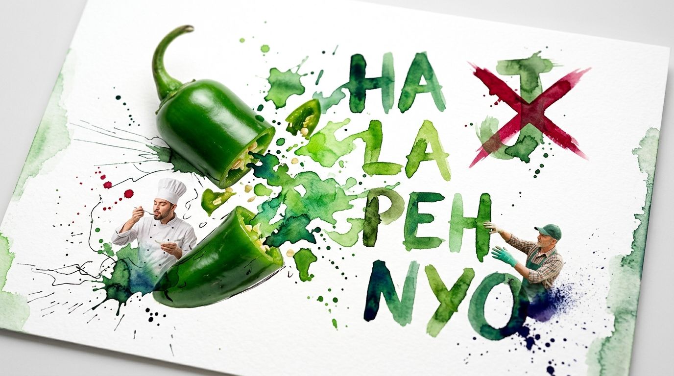 A watercolor artistic illustration showing a sliced jalapeno, a chef, a farmer, and the word jalapeno.