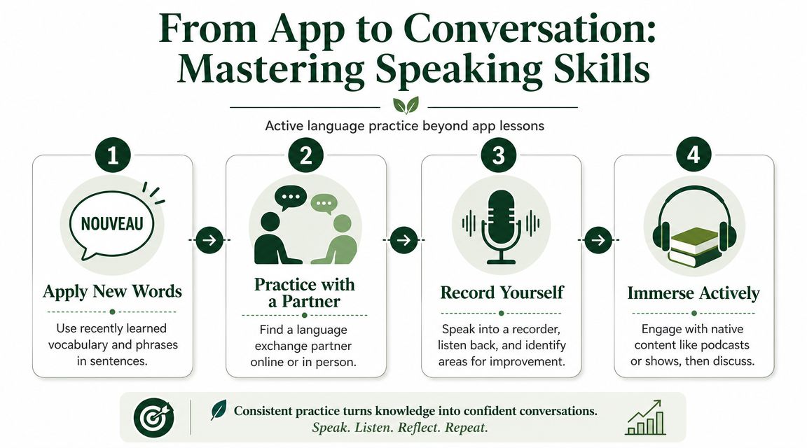 A four-step infographic showing how to improve speaking skills beyond using language learning mobile apps.