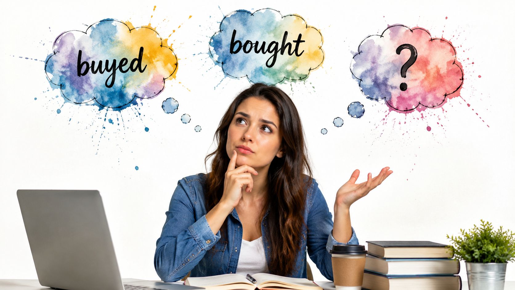 A confused woman looking at thought bubbles containing the words buyed, bought, and a question mark.